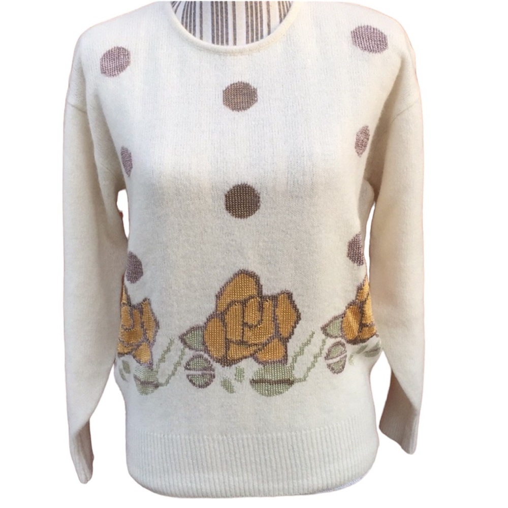 Vintage Womens medium off white polka dot floral pullover cream retro sweater